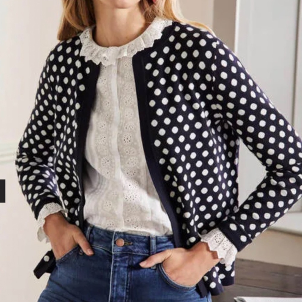 Boden Cleo Jacquard Knit Cardigan Sweater Polka Dot Navy Blue Open Front US 10